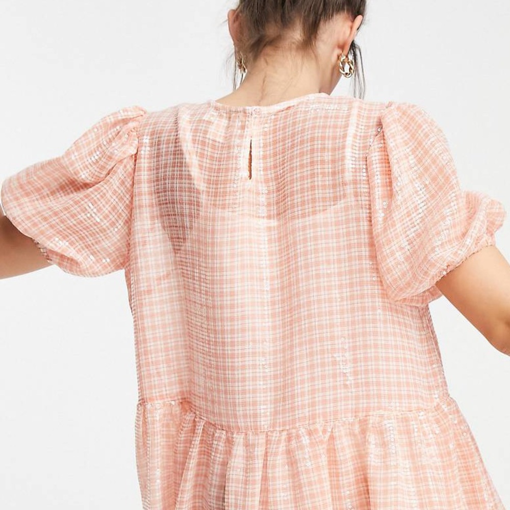 Peach Gingham Mini Dress with Puff Sleeves - Picture 5 of 16